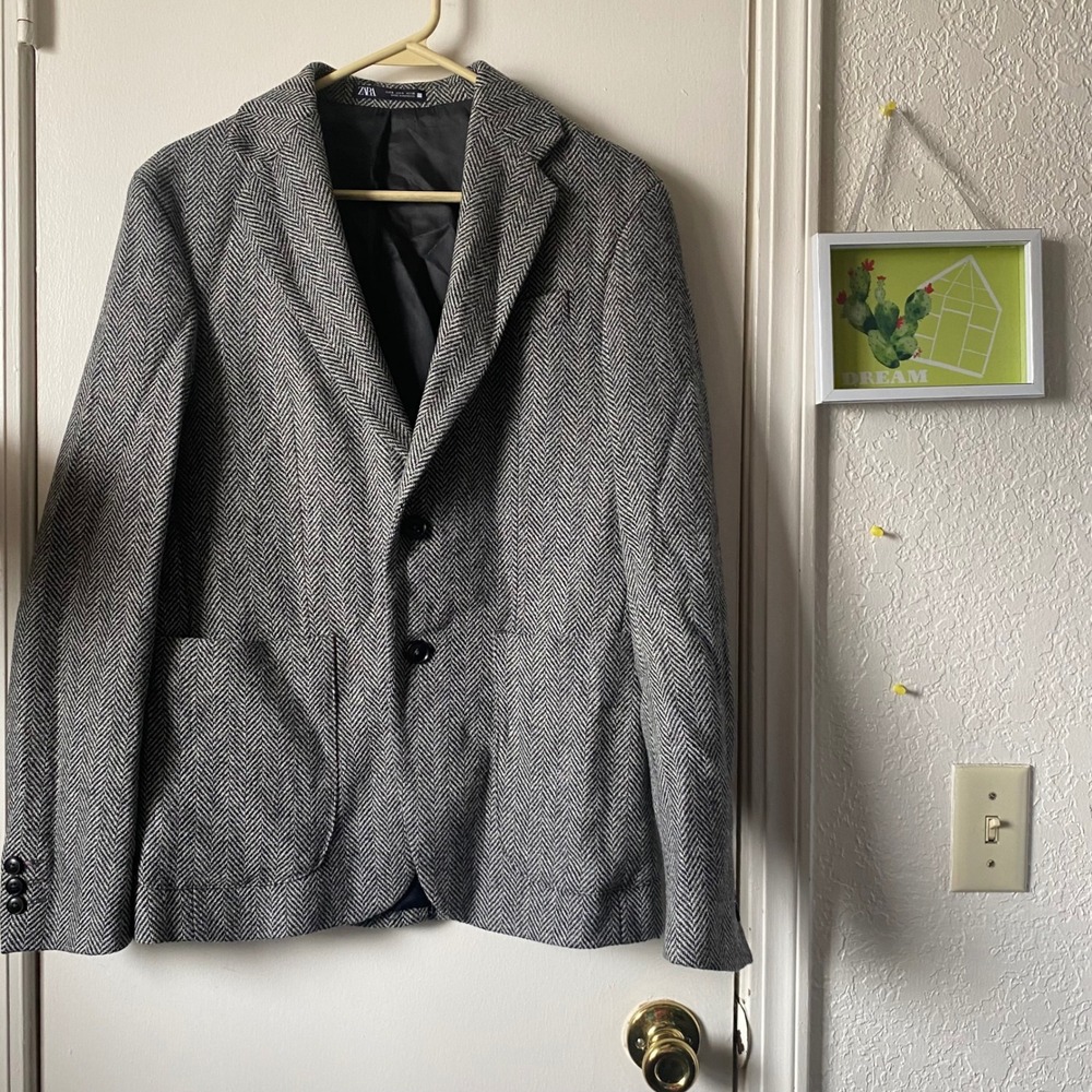 Zara‎ Wool Blazer Women's Herringbone Gray Career Business Casual S